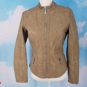 LA Coalition Tan Faux Leather Moto Zip Jacket Pockets - Small